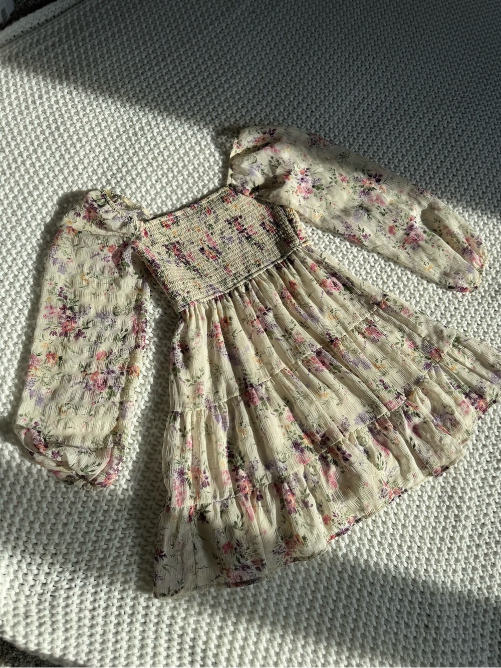 Rewind Cream Floral Smocked Puff-Sleeve Mini Dress